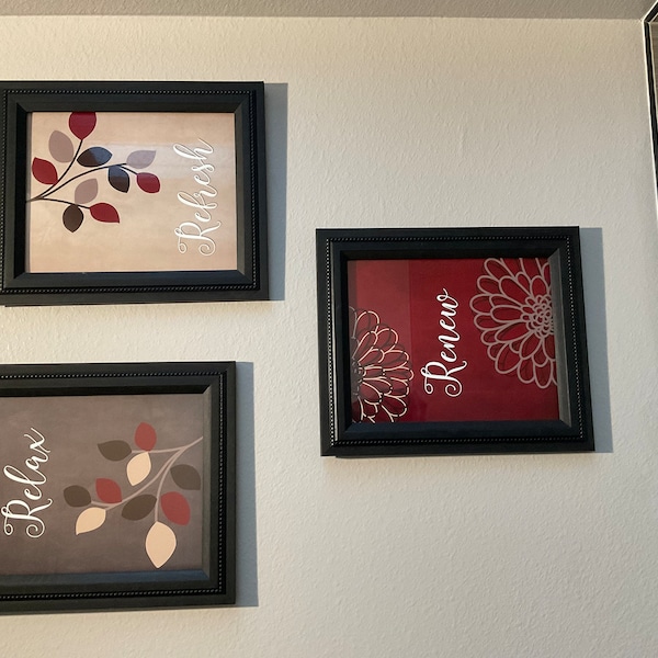 Burgundy Brown Tan BATHROOM Wall Art, Relax Renew Refresh, Flowers Leaves, Warm Bathroom Home ...