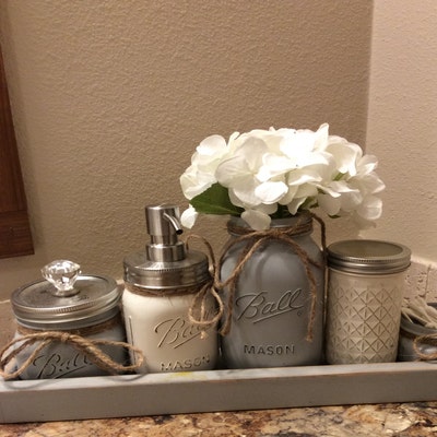Gray Bathroom Decor, Gray Bathroom Set, Gray Mason Jar Bathroom Set ...