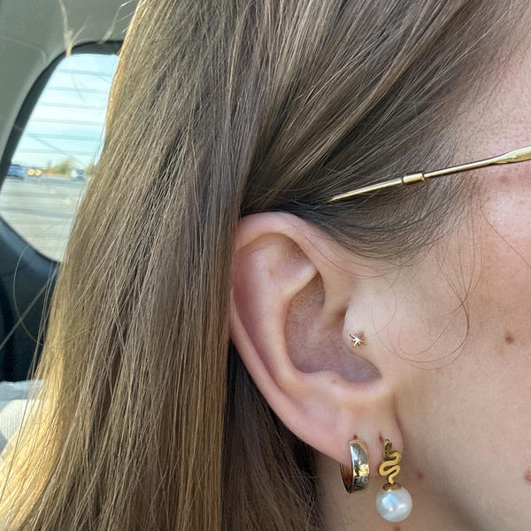 14K Gold Helix Piercing With Star & CZ - 16G Flat Back Earring For Tragus, Cartilage & Conch