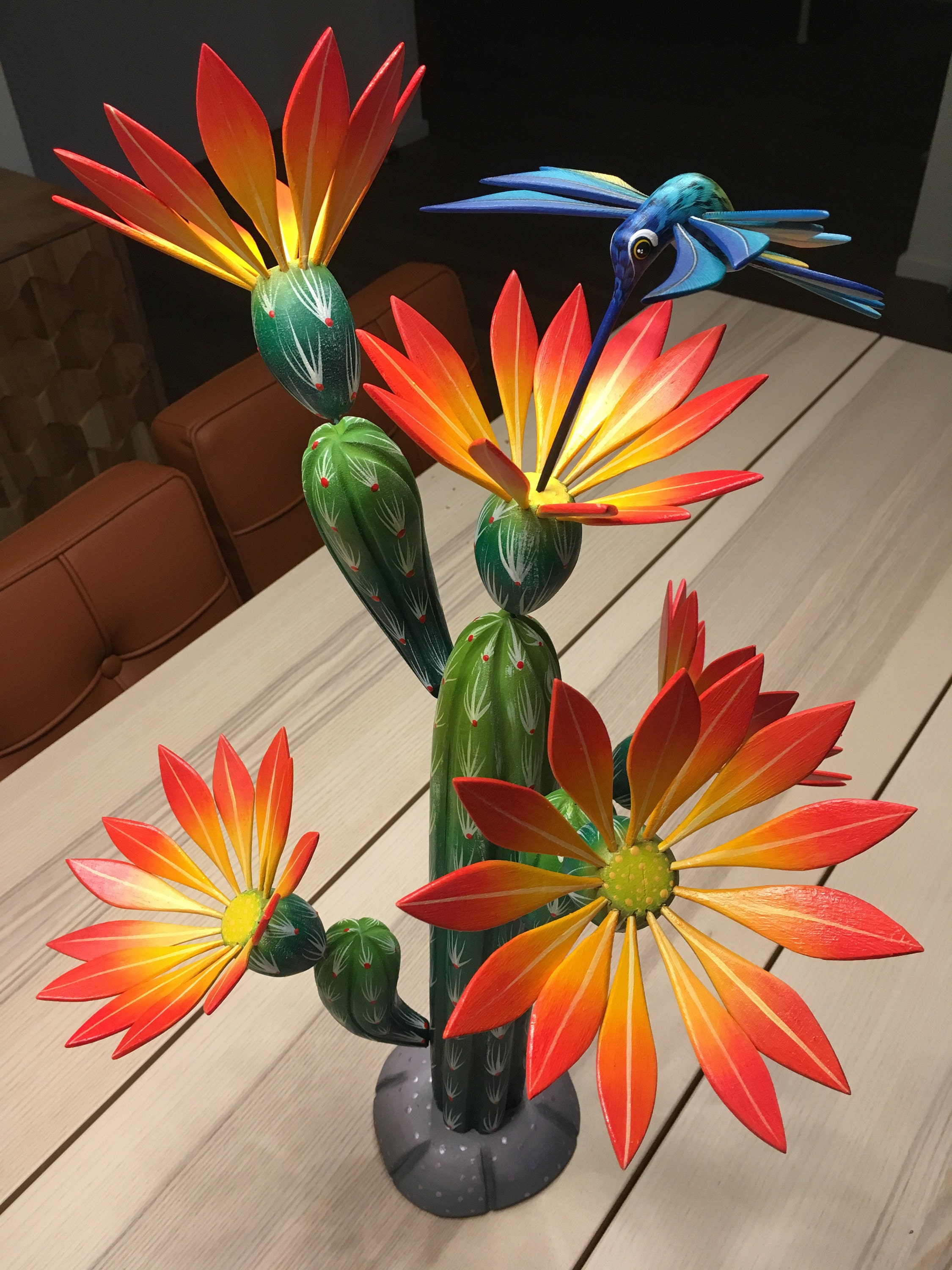Handcrafted Alebrije Orange Flowering Cactus with Hummingbird