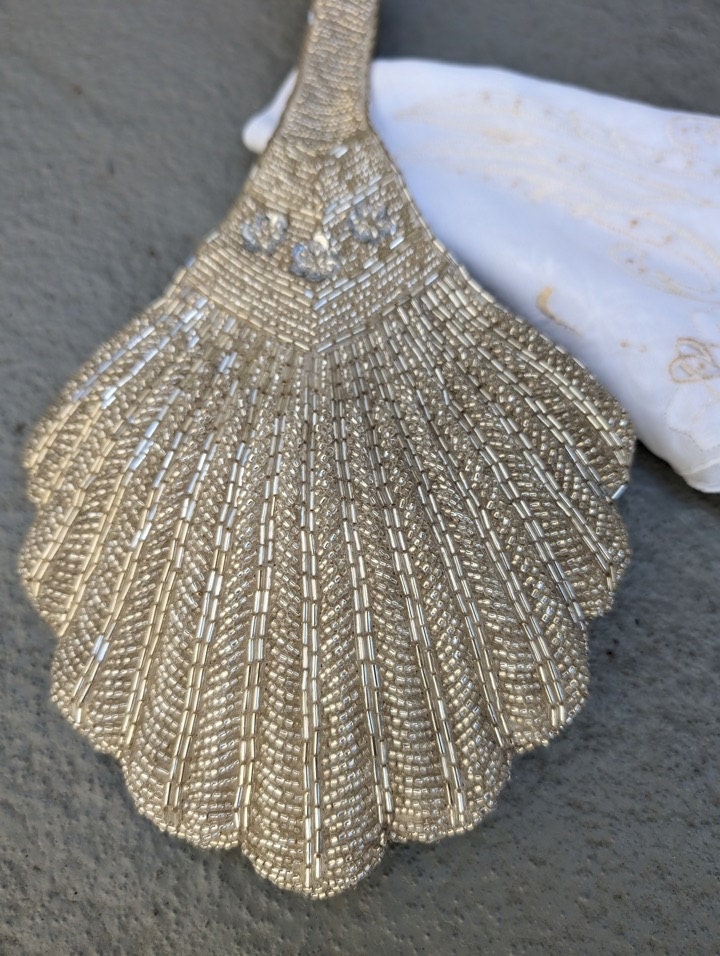 Bridal Clutch, Wedding Clutch, Shell Shaped Beaded Wristlet,Couture Silver Bead Bag,Art Deco Bride Purse,Designer Statement Piece