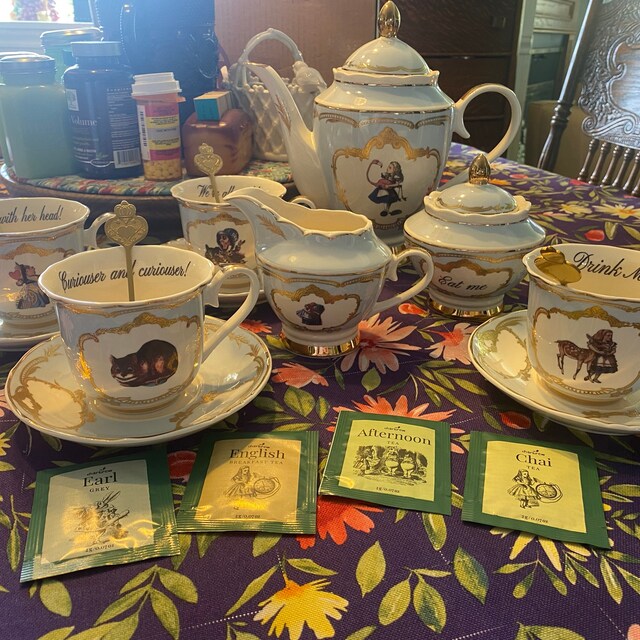 7 or 11-piece Alice in Wonderland Tea Set. Food Safe, Vegan 7 or 11-piece Alice in Wonderland Tea Set. Food Safe, Vegan