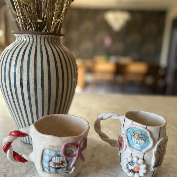 Aesthetic Hand Painted Flower Mug, Handmade Ceramic Floral Design Tea ...