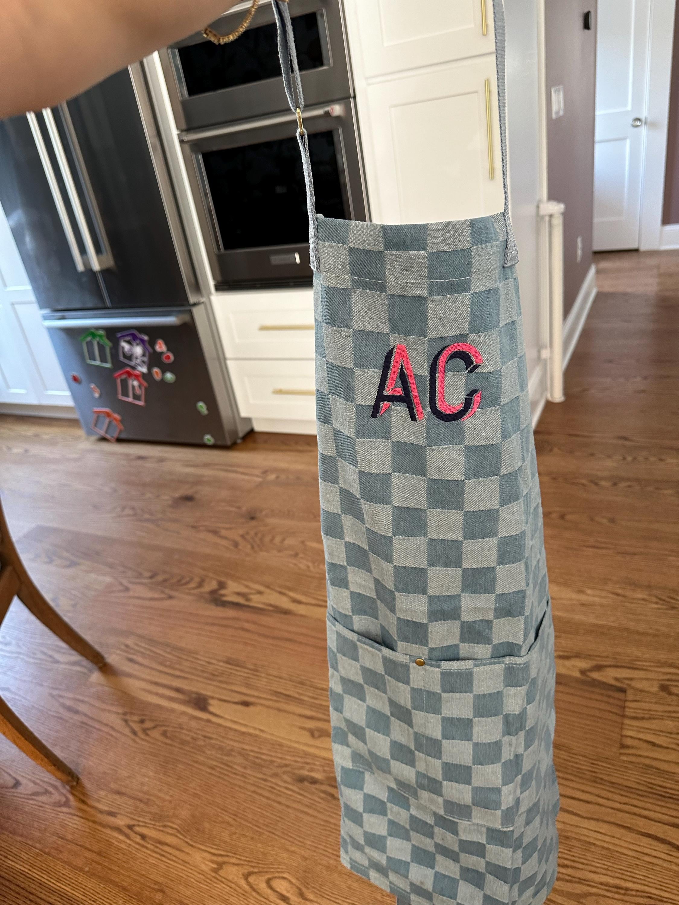Custom Denim Chambray Checkered Apron for Men and Women, Embroidered Adult Apron Pocket, Cooking Monogram, Personalized, Holiday Commercial