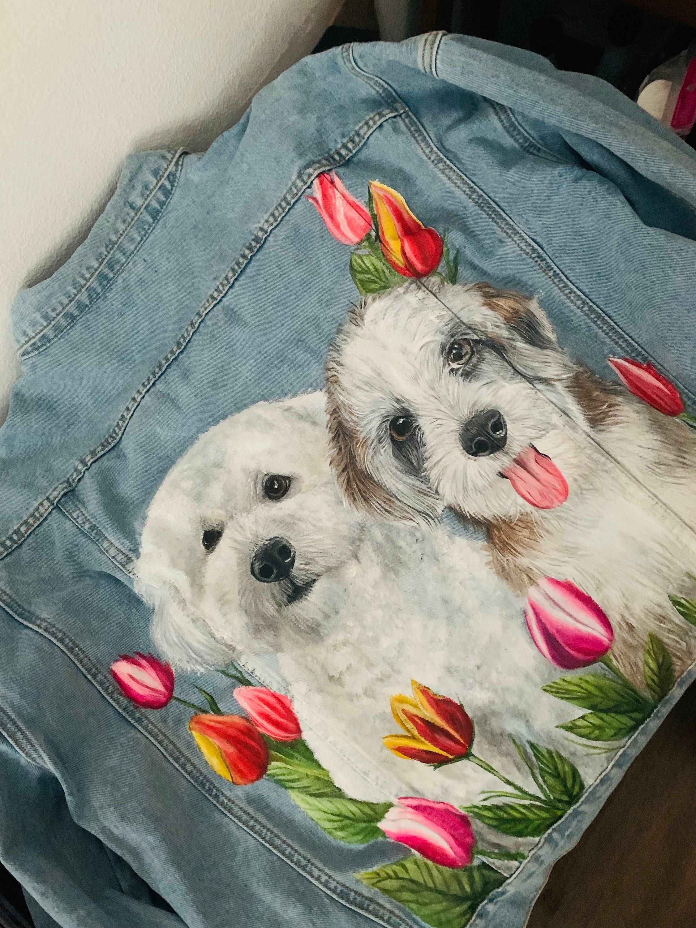 Pet Portrait Custom Denim Jacket- Hand-Painted vintage Adult denim jean Jacket- Paint from photo personalised painted pet design