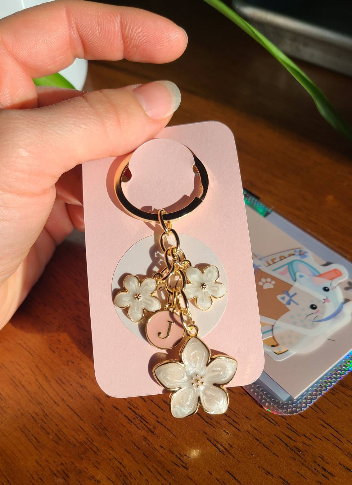 Cherry Blossom Pink/White Flower Charms Keychain with Custom Name Initial