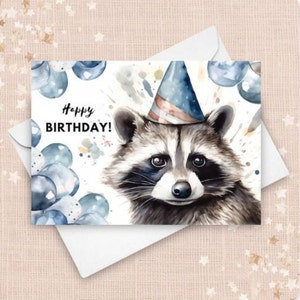 Raccoon Birthday Card With Party Hat, Happy Birthday, Raccoon Gift ...