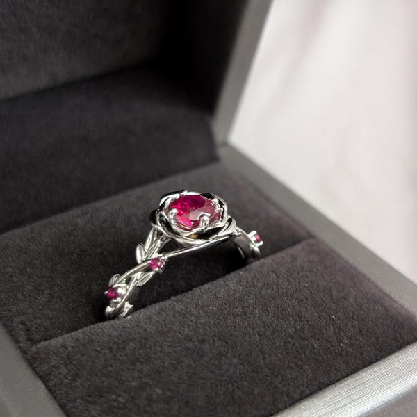 5mm Round Ruby Engagement Ring 14K Yellow Gold Twig Leaf Rose Flower ...
