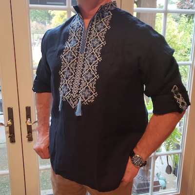 Black Ukrainian Embroidered Vyshyvanka Shirt for Men - Bohemian Ethnic Style for Easter