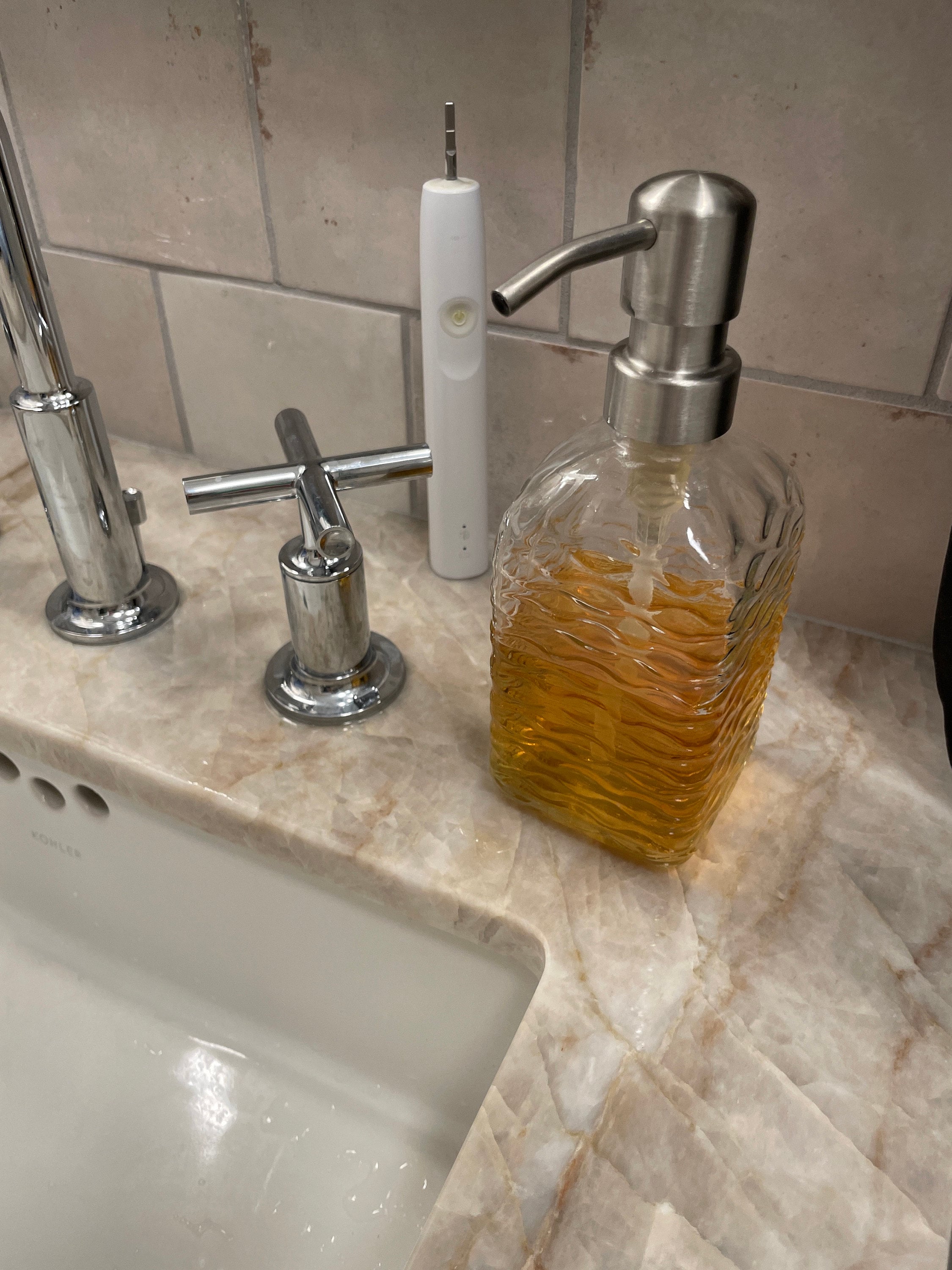 Vintage 14 oz. Glass Liquid Soap Dispenser Bottle | Refillable | Hand Soap or Dish Soap | 304 Stainless Steel Metal Pump | Gift | Apothecary