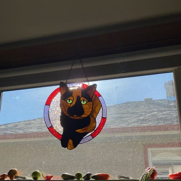 Custom Cat Portrait Art Suncatcher, Pet Memorial Stained Glass Face ...