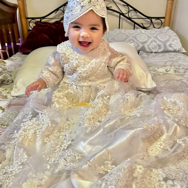 Elegant Diamond white organza and Lace Christening dress main image 0