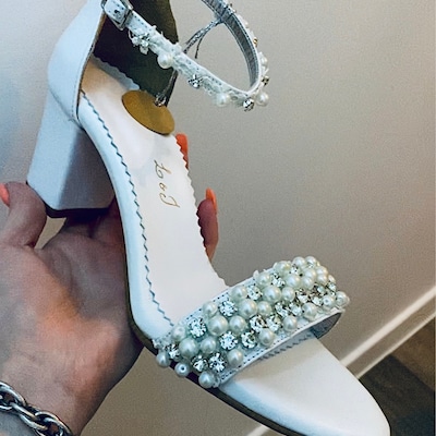 Ivory Pearl Wedding Shoes for Bride/ Bridal Shoes Block Heel/ Pearl and ...