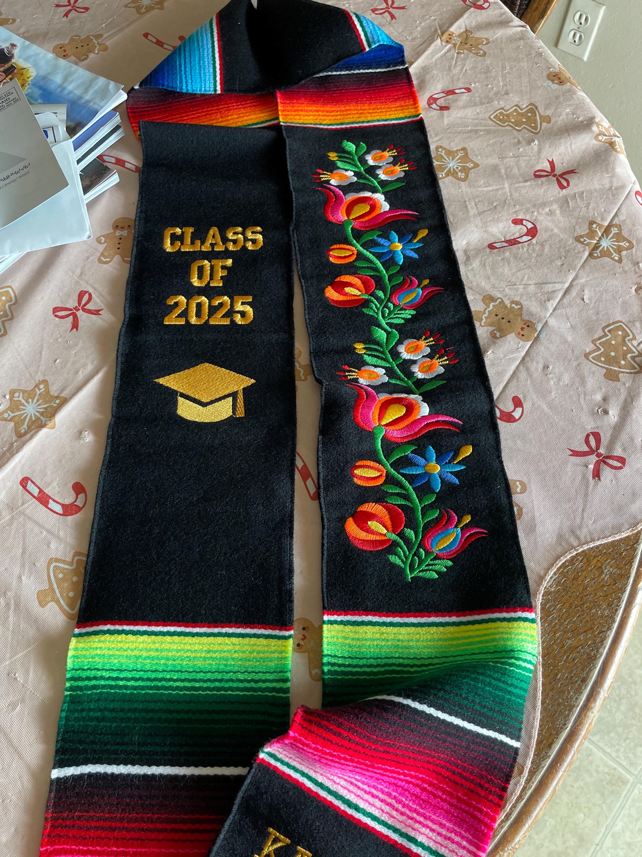 Mexikanische Abschlussstola mit Serape, bestickt mit Blumen. Abschlussstola. Mexikanische Abschlussstola. Abschlussjahrgang 2025. Personalisierte Stola.
