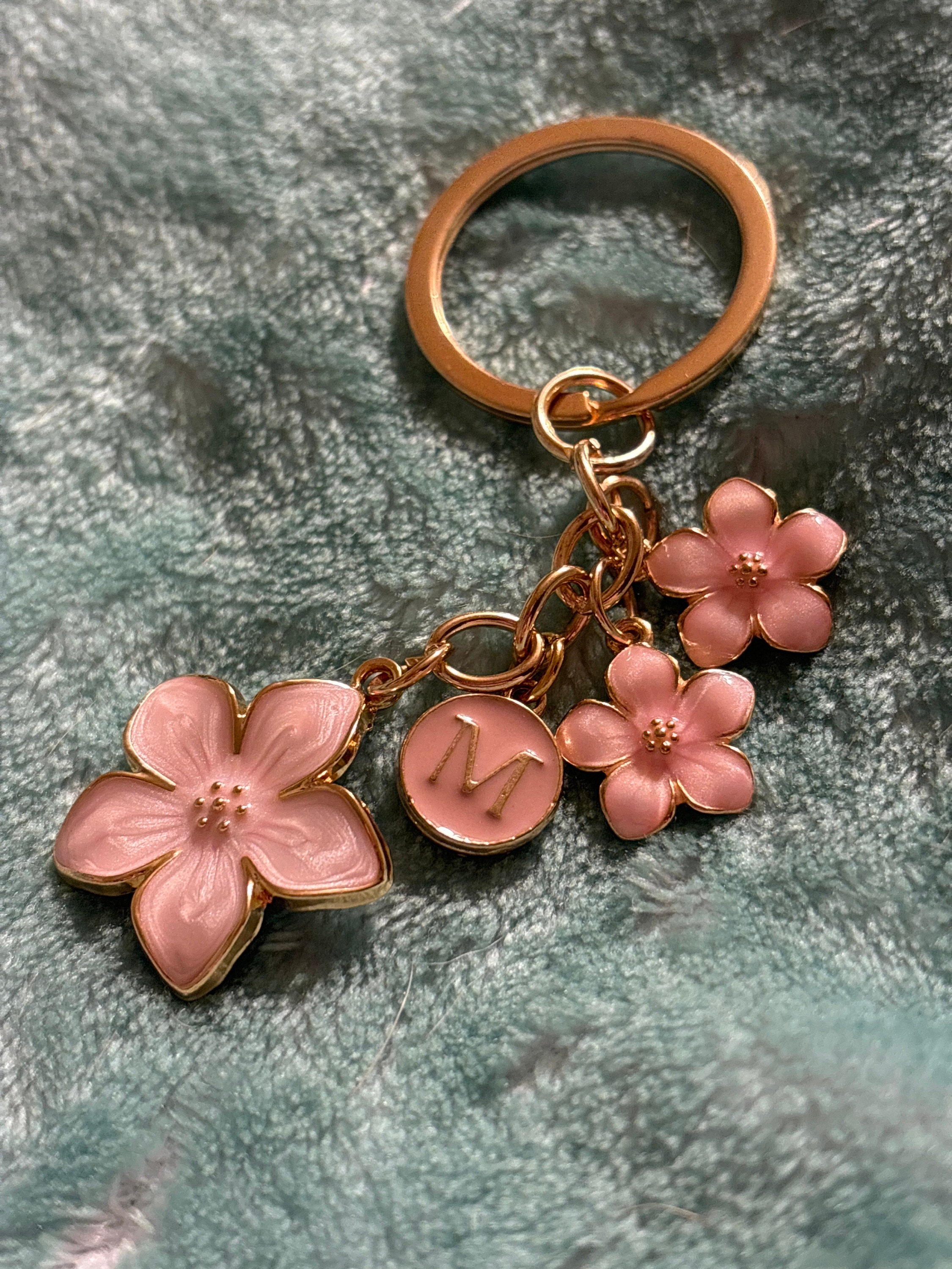 Cherry Blossom Pink/White Flower Charms Keychain with Custom Name Initial
