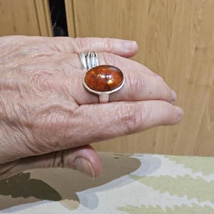 Bague Ancienne En Argent Massif 925 - Avec Cabochon D'ambre Véritable - Taille 53