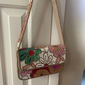 Floral Beaded Baguette Bag: Hand-embroidered Shoulder Purse