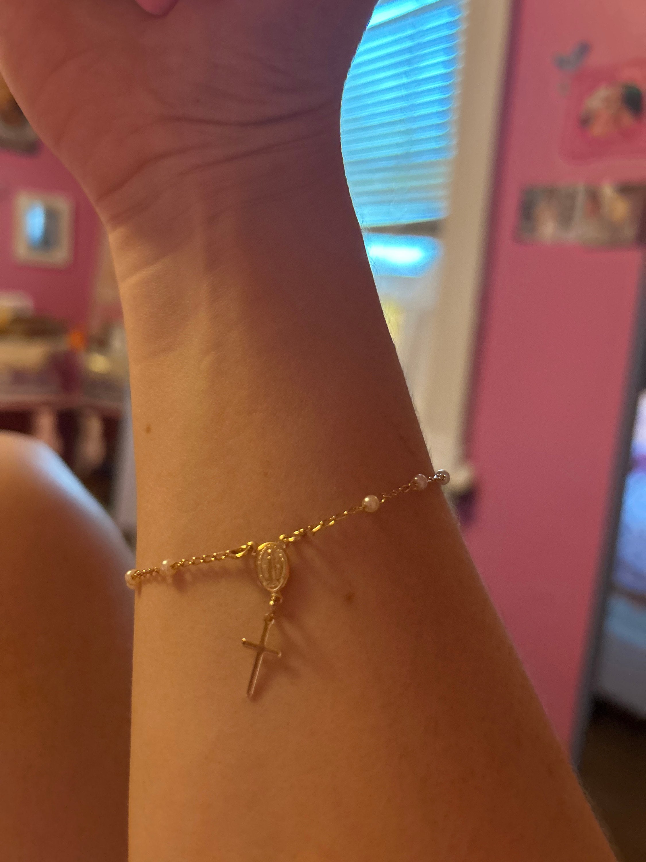 18k Dainty Gold Filled Beaded Pearl Satellite Rosary Bracelet with Virgin Mary and Crucifix Charm