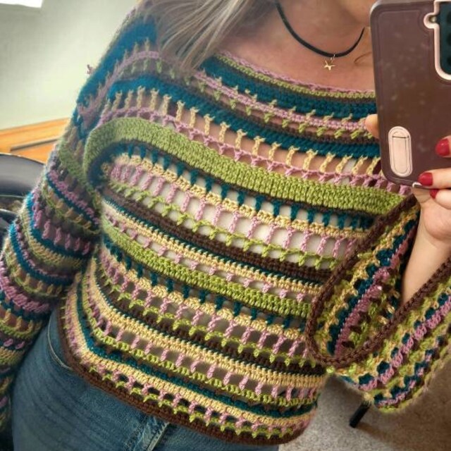 Whimsical Cropped Crochet Sweater PDF PATTERN, Mesh Crochet