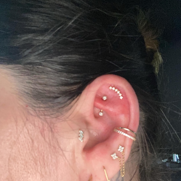 14K Solid Gold Diamond Rook Helix Hoop Earring, Gold Diamond Tragus ...