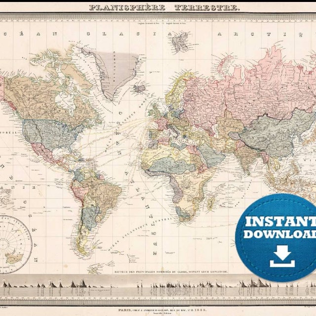 Poster World Map Vintage Old-Style - - blue and beige – Wall