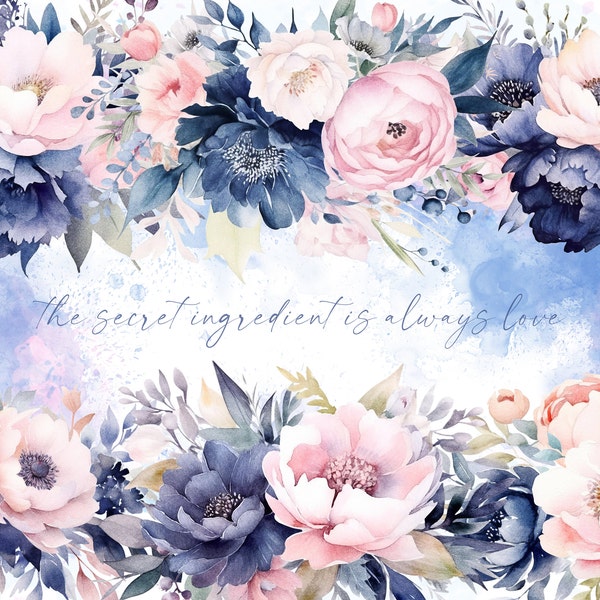 Navy and Pink Floral Watercolor Clipart Pack, Navy and Blush Flower ...