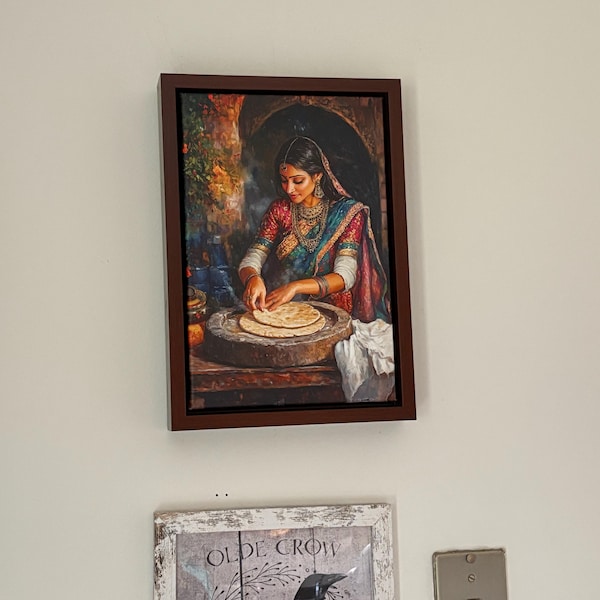 Matt's Indian Woman Roti Canvas Print, Traditional Desi Kitchen Wall Art canvas print in their home — Antarmada