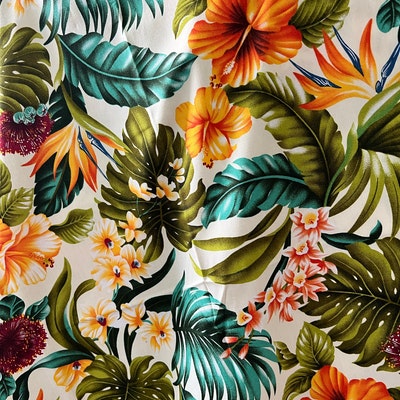 White Background Tropical Hawaiian Print Fabric 100% Cotton Sold by the ...