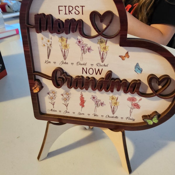 First Mom Now Grandma Wooden Sign, Custom Birth Month Flower Wooden ...