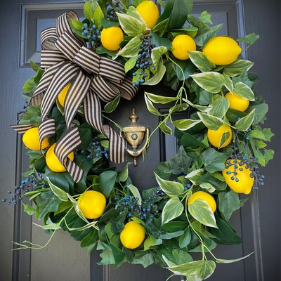 20" Summer Lemon Wreath - Handcrafted Yellow Artificial Wreath For Front Door, Porch, Spring & Summer Decor