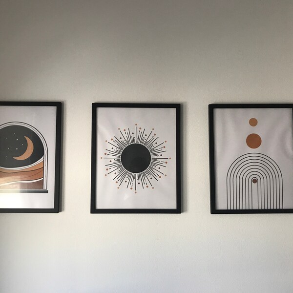 Mid Century Modern Art Print Set of 3, Neutral Geometric Wall Art, Moon ...
