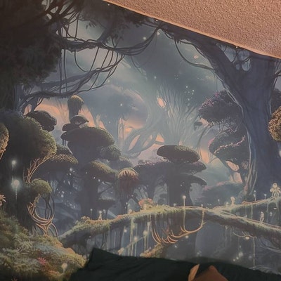 Magical Fantasy Forest Tapestry Wall Hanging Bioluminescence Art for