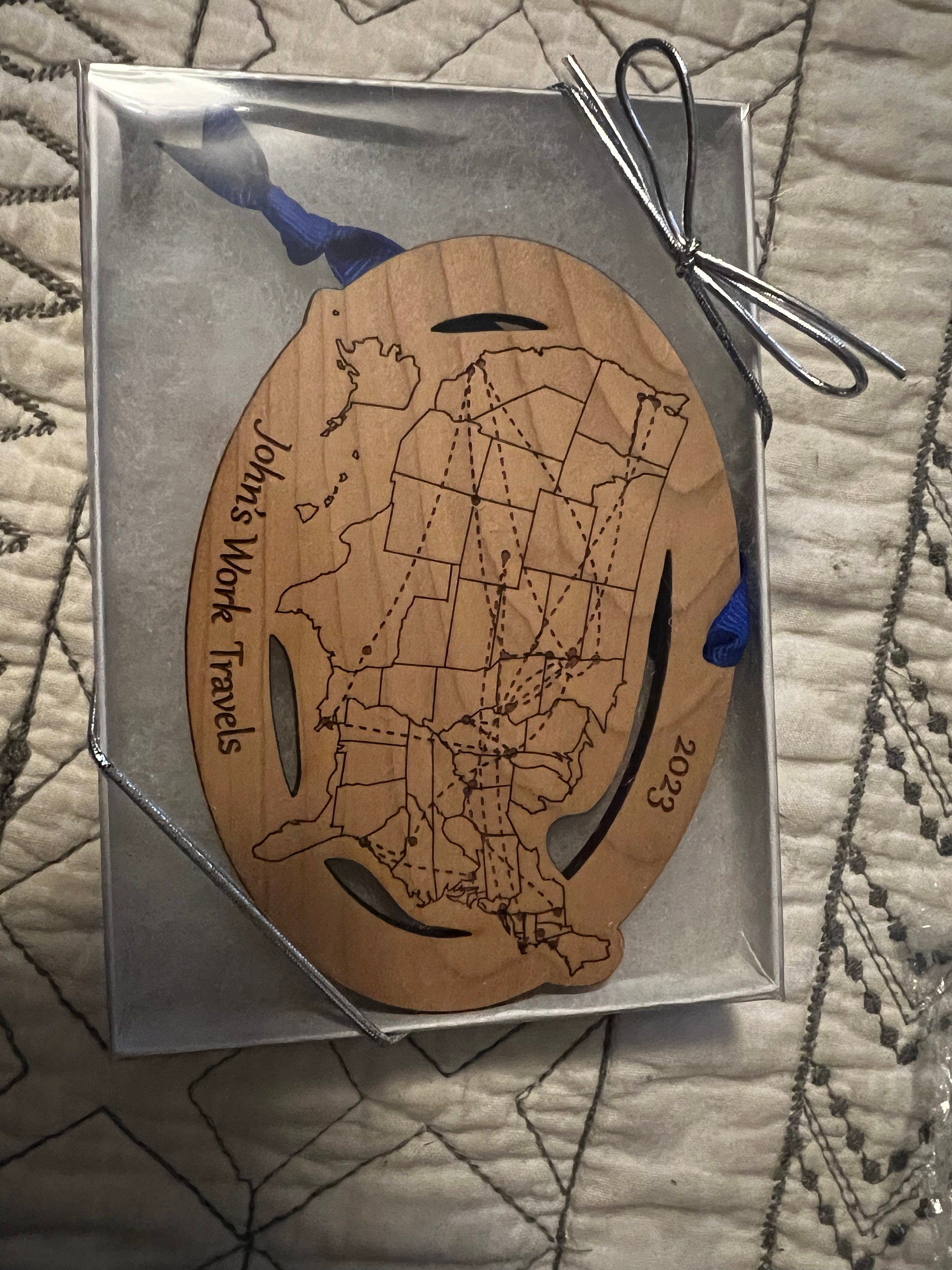 Custom Text and Cities US Map ornament, Road Trip Travel Ornament, long distance relationship, 50 state marathons
