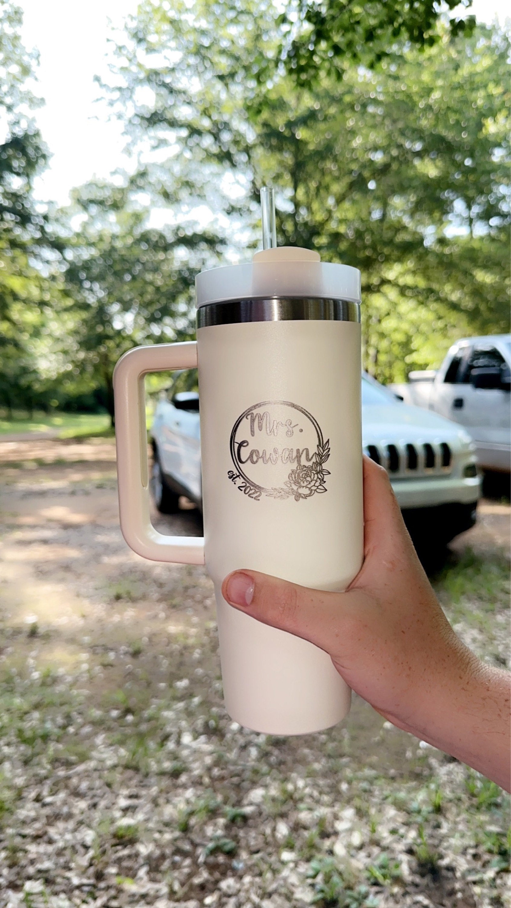 Personalized 40oz Tumbler with Handle & Straw, Custom Engraved for Special Occasions, Hydration Gift (Blue)