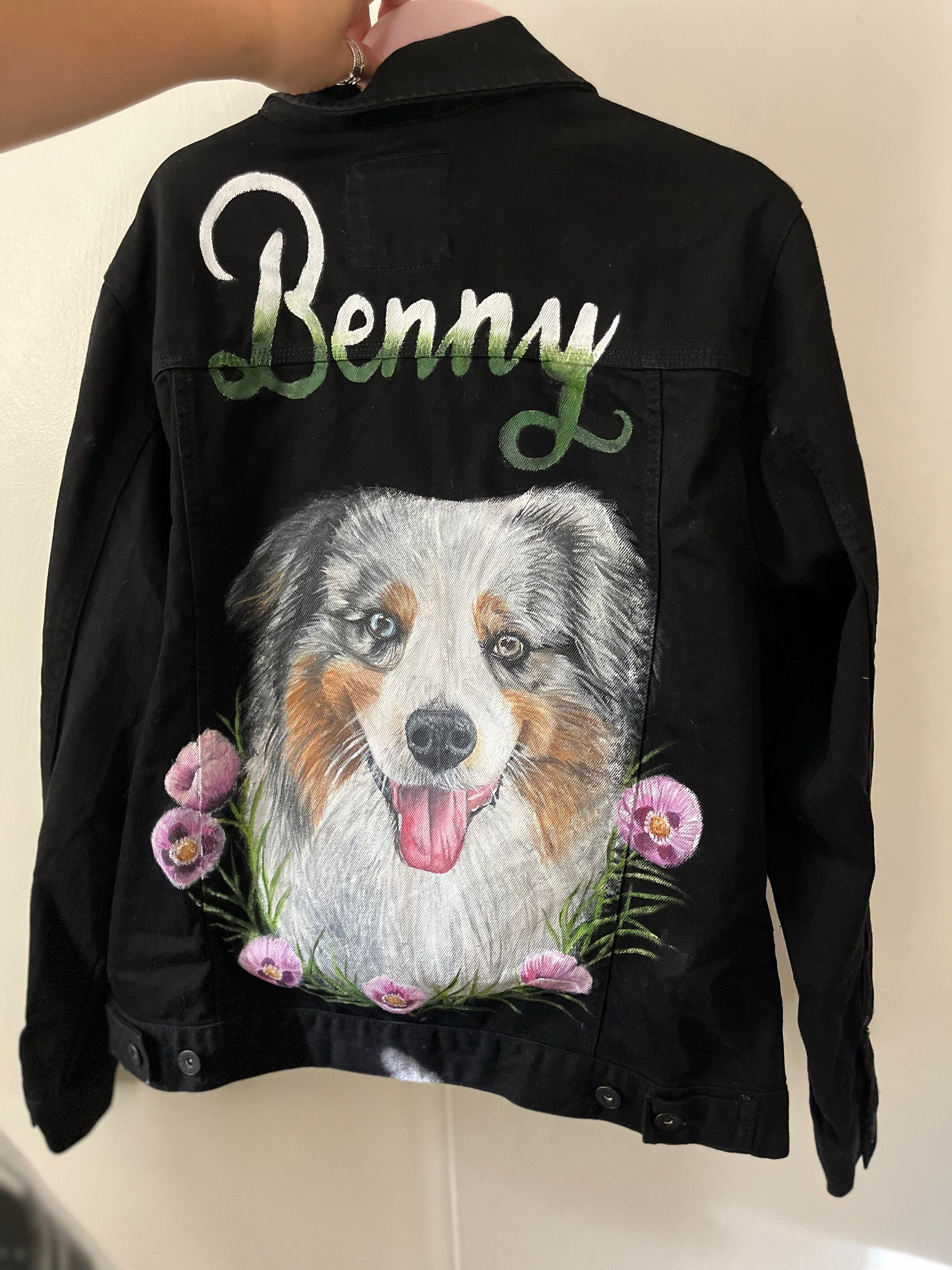 Pet Portrait Custom Denim Jacket- Hand-Painted vintage Adult denim jean Jacket- Paint from photo personalised painted pet design