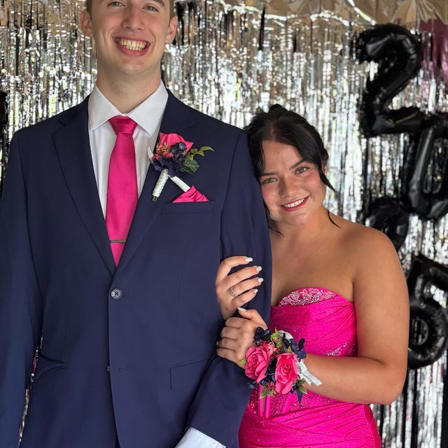 hot pink dress with navy suit and Rose Corsage Boutonniere Set - Wedding Prom Silk Flowers hot pink prom dress couple