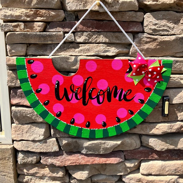 WELCOME Red Watermelon SIGN Wall Art Door Hanger Plaque Pool Backyard ...