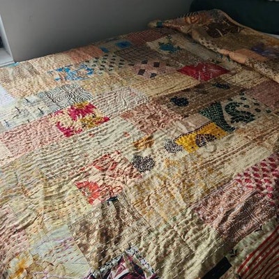 Couvre-lit Kantha Indien Vintage – Fait Main, Coton Réversible – Taille Full – Multicolore