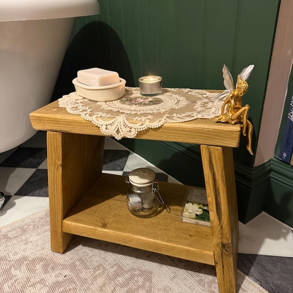 Handmade Rustic Wooden Milking Stool | Milkmaid Side Table With Shelf ...