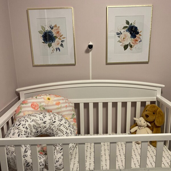 Set of 2 Pink Navy Floral Prints, Floral Nursery Wall Art, Girl Nursery ...