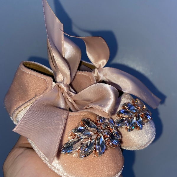 Pink Velvet Baby Shoes: Rose Gold Rhinestone Crib Shoes - Etsy