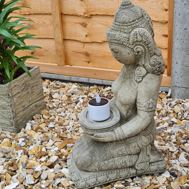 Stone Garden Praying Geisha Buddha Girl Candle Holder Statue