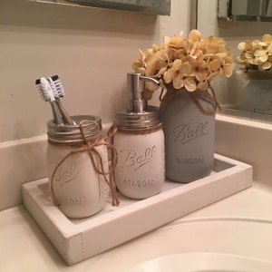 Mason Jar Bath Set With Tray, Grey Farmhouse Bathroom Decor, Gray Bathroom Decor,custom Bathroom ...