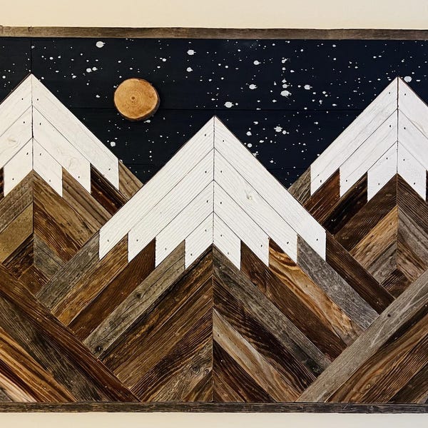 Rustic Mountain Wood Wall Art With Night Sky, Moon and Stars . Hand ...