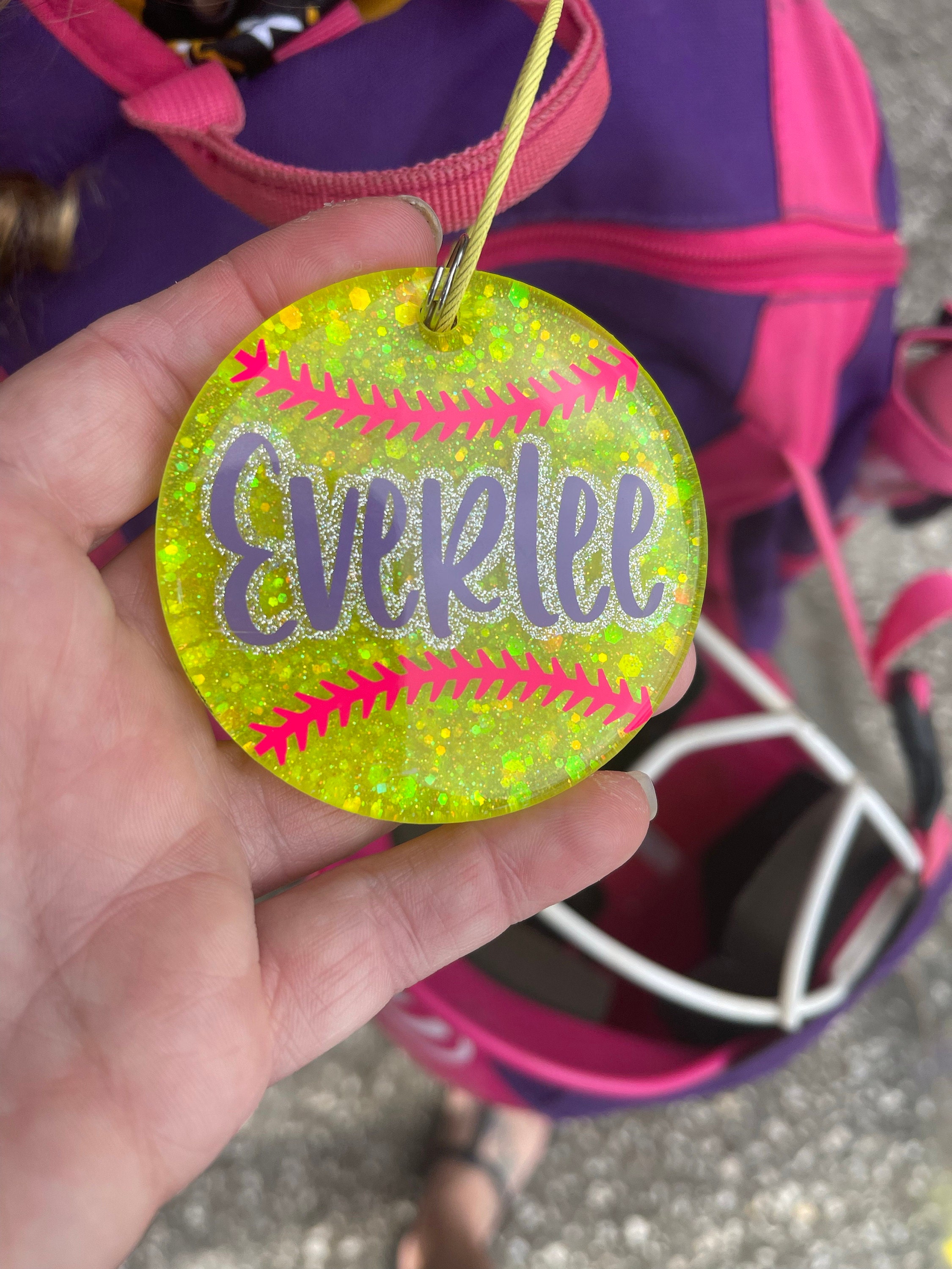 Custom, Glitter Softball Keychain/Bag Tag