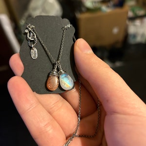 Lunar Eclipse Moonstone and Sunstone Wire Wrapped Sterling 