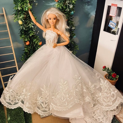 Pure White Wedding Gown Dress for 11.5inch Fashion Doll Princess Long ...