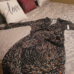 VIVIANA Plus Size Black Surplice Wrap Front Dress, Long Sleeves