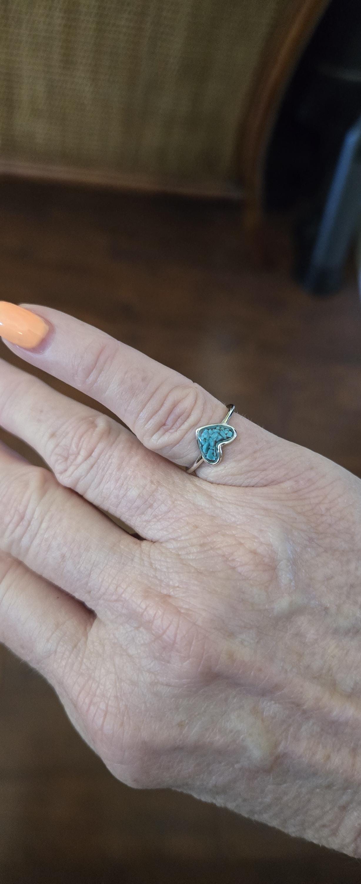 Genuine Turquoise ring | .925 sterling silver | unique crushed stone ring | hypoallergenic | boho statement jewelry | detailed | heart shape