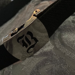 ACCmall Old English Initial R Canvas Military Web Black Belt & Silver Buckle 60 inch